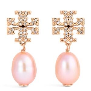 Tory Burch rose gold pavé embellished logo drop & dangle pearl earrings